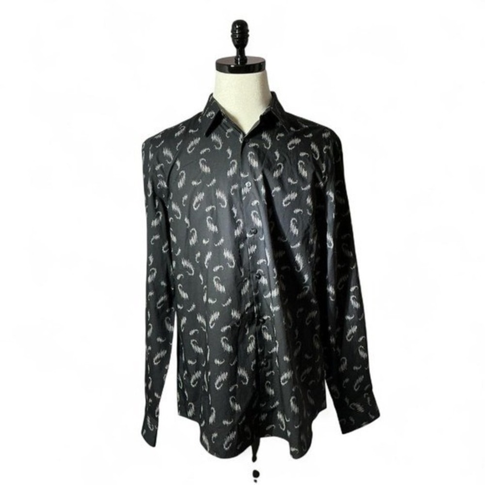 Perry Ellis Abstract Paisley Button Down Shirt Mens L Black Non Iron Cotton Top